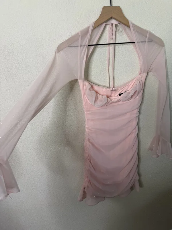 Babyboo Brea Pink Mini Dress Sparkle‎ Shimmer Long Sleeve Mesh Women’s Size S - Image 4