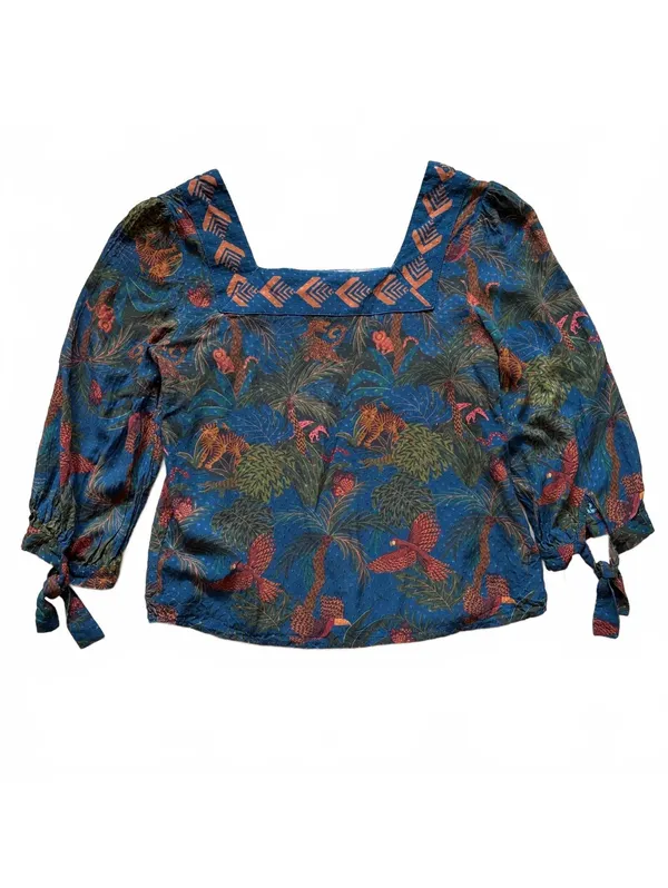 Anthropologie Farm Rio Bianca Blouse Puffed Sleeve Jungle Print Square Neck XS - Image 4