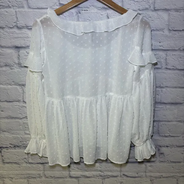 Anthropologie Ruffle Mesh Women’s Long Sleeve Blouse Swiss Dot Sheer Size Small - Image 7