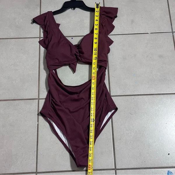 Charmo Women Maternity‎ Burgundy Ribbed Swimsuit One Piece size L - Image 10