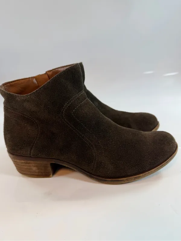 Lucky Brand Suede Ankle Boots‎ Brown Side Zip Low Heel Women Size 8 - Image 3