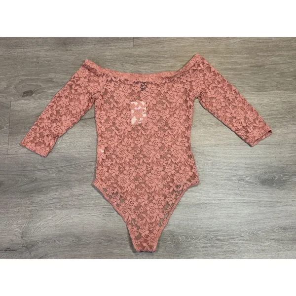 Coquette Dusty Rose Floral Lace Romantic Off Shoulder Bodysuit Sheer Y2K Small - Image 3
