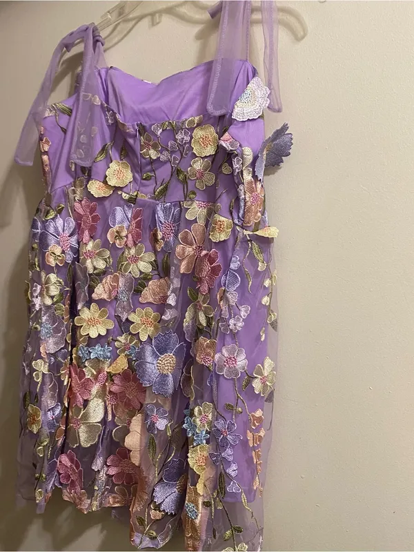 Womens L Large 42” Lavender Purple Mini Dress Embroidered Flowers Allover Fairy - Image 10