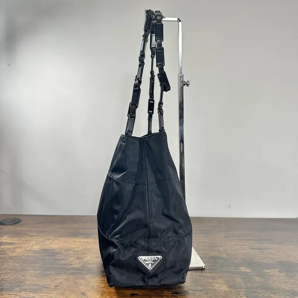 Prada Tessuto Nylon Shoulder Bag Medium Black Leather Strap Italy Logo Hardware - Image 6