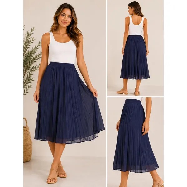 Octavia Navy Blue Pleated Midi Skirt Elastic Waist Lined Size M OX-6664 - Image 2
