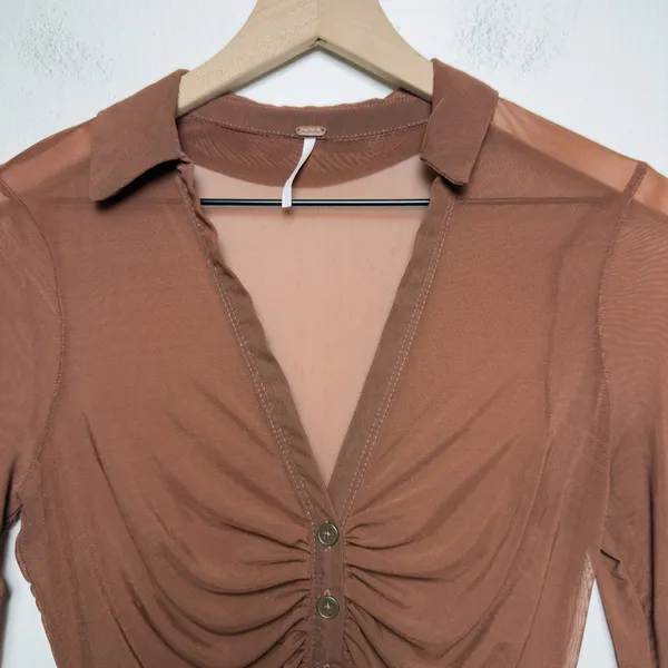 Free People Women Lucky Mesh Shirtee Top XS Brown‎ Mesh Ruched Button Up - Image 4
