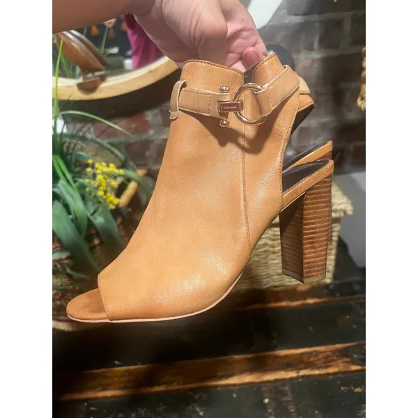 Coach Tan Leather Peep Toe Slingback Block Heel Booties 7 - Image 7