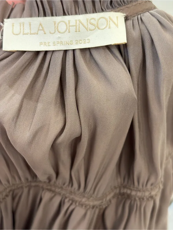 Ulla Johnson Elsa Mini Dress Mica Taupe Ruffled Tiered Satin Size Medium Large - Image 9