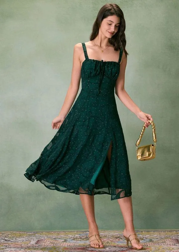 Rihoas Green Square Neck Jacquard Slit Midi Dress - Image 4