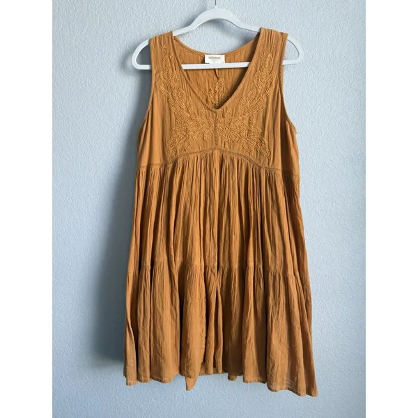 Talisman Athena Embroidered Mini Dress Large Mustard Yellow Boho Tiered Festival - Image 6