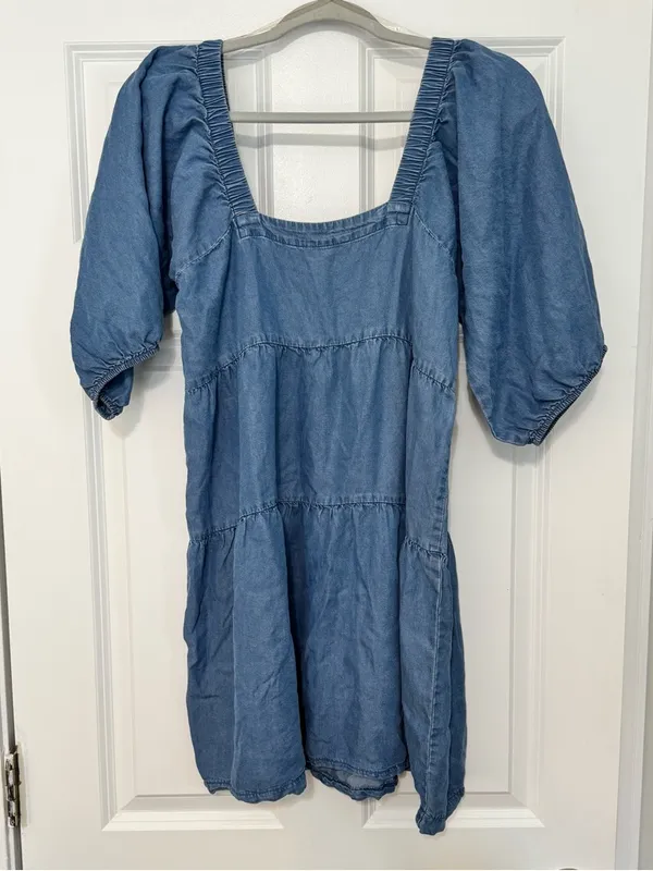 Hunter & Brown Chambray Square Neck Puff Sleeve Tiered Babydoll Mini Dress Med - Image 3