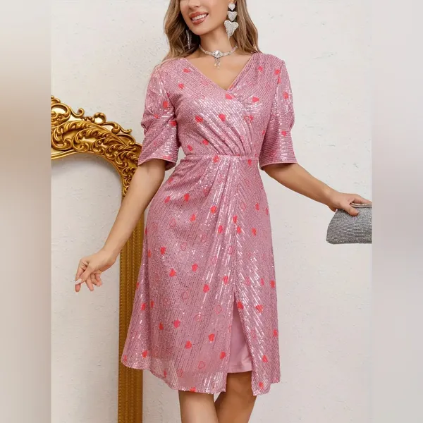 Faeriesty Glam Pink Sequin Midi Dress Sparkle Luxury Luxe Hearts Dance Party M - Image 7
