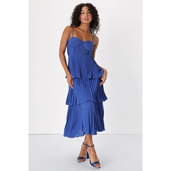 NWT Lulus Cascading Crush Cobalt Blue Tiered Bustier Midi Dress Gala Banquet XS - Image 3