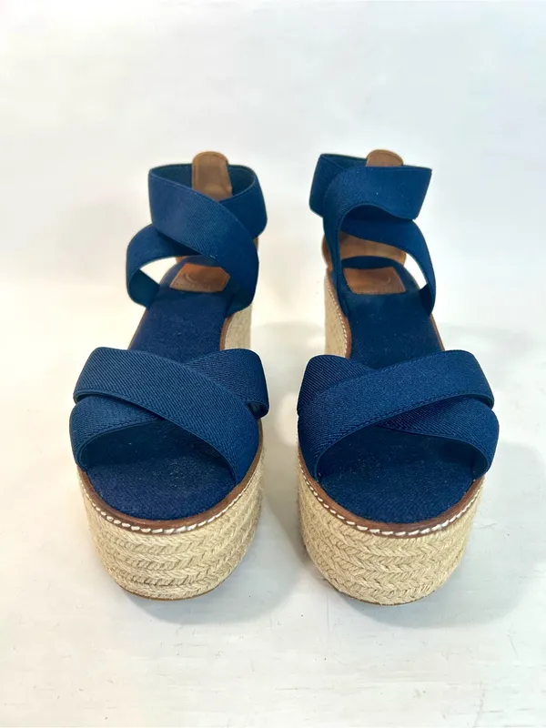 Tory Burch Frieda Espadrille Wedge Sandals in Navy Blue and Tan size 9 - Image 6