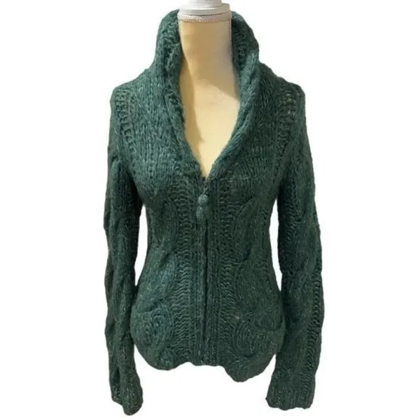 Anthropologie Sleeping‎ on Snow Green Knit Wool Blend Zipup Jacket Cabin Cozy S - Image 2