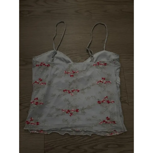 Thirty Thirty LA Floral Embroidered Mesh Cami Top Blue Pink Lace Trim Medium - Image 3