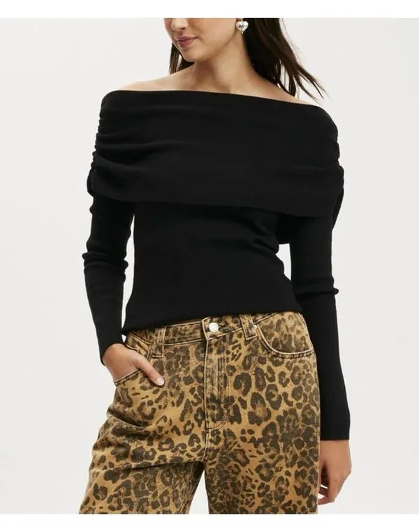 🆕 Y2K Ribbed Knit Off-Shoulder Long Sleeve Top Sexy Ruched Pullover - Image 3