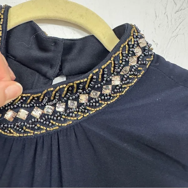 X by Xscape Blue Beaded Collar Formal Mini Dress Women 16 Babydoll Cold Shoulder - Image 5