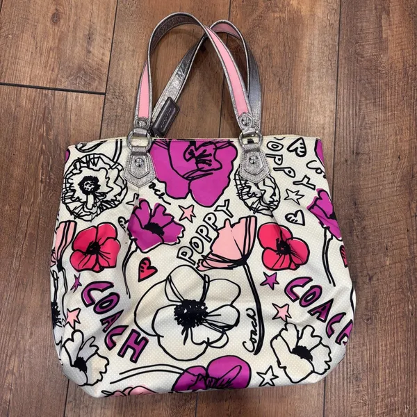 Coach Poppy Floral Graffiti Satin Tote Bag Purse 16306 Excellent Condition Charm - Image 2