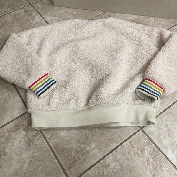 Sundry Faux Fur Sherpa Sweatshirt Cream Rainbow Striped Cuffs Size 1 Small - Image 3