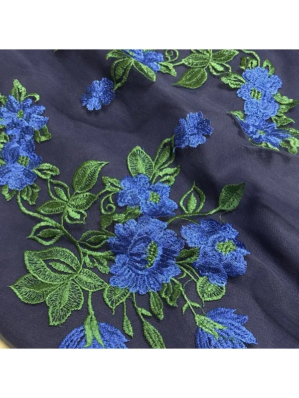 💕NWOT Leslie Fay Navy Dress Blue Floral Embroidered Bell Sleeve Sheath Sheer - Image 4