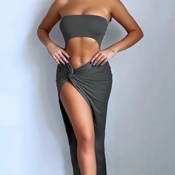 Charcoal Gray Bandeau Cutout Side-Slit Maxi Dress NWT - Image 3