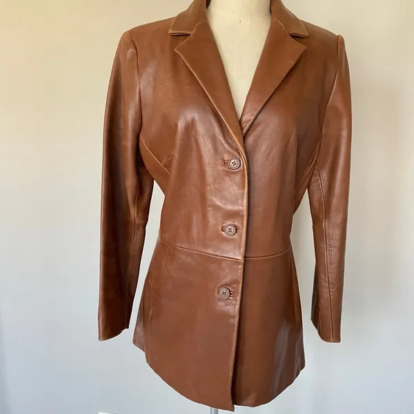 Jones New York Brown Leather Blazer Jacket Vintage Distressed Small - Image 5