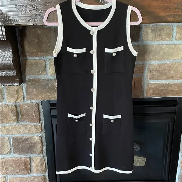 Commense Knit Pearl Buttons Mini Dress Black Size M - Image 2