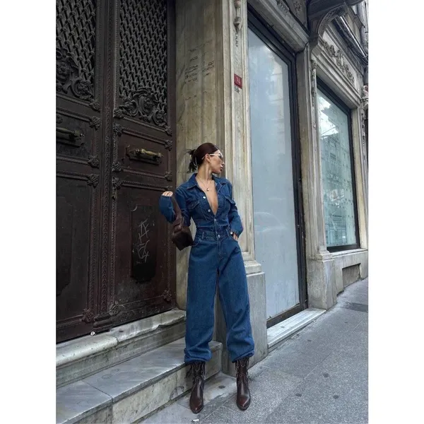 Women Denim Jumpsuit Premium Jean One Piece Outfit Casual Chic Overalls Romper - Image 2