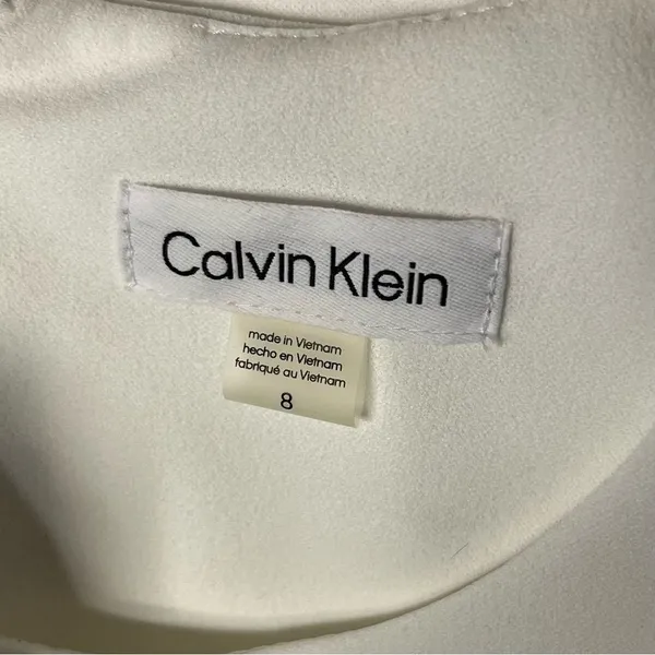 CALVIN KLEIN White Dress Puff Sleeve High Waist Lined Scuba Crepe Size 8 - Image 8