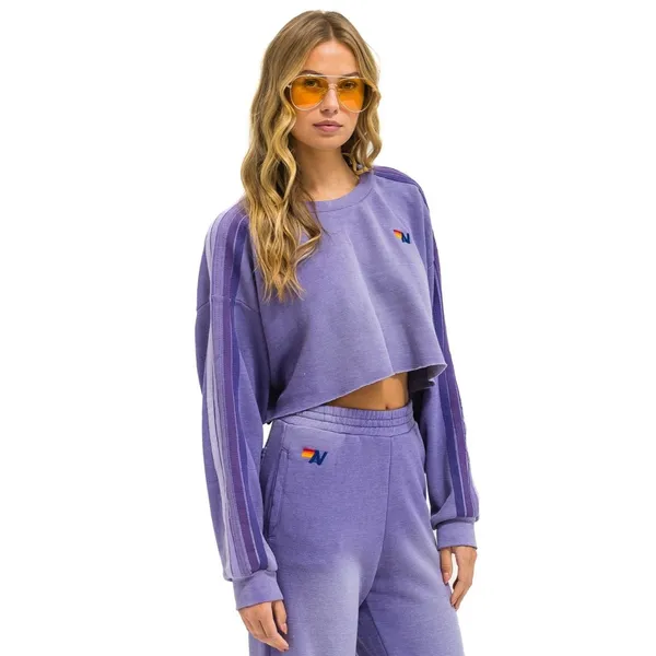 Aviator Nation - CLASSIC STRIPE CROPPED CREW SWEATSHIRT RELAXED FADED GRAPE Med - Image 3