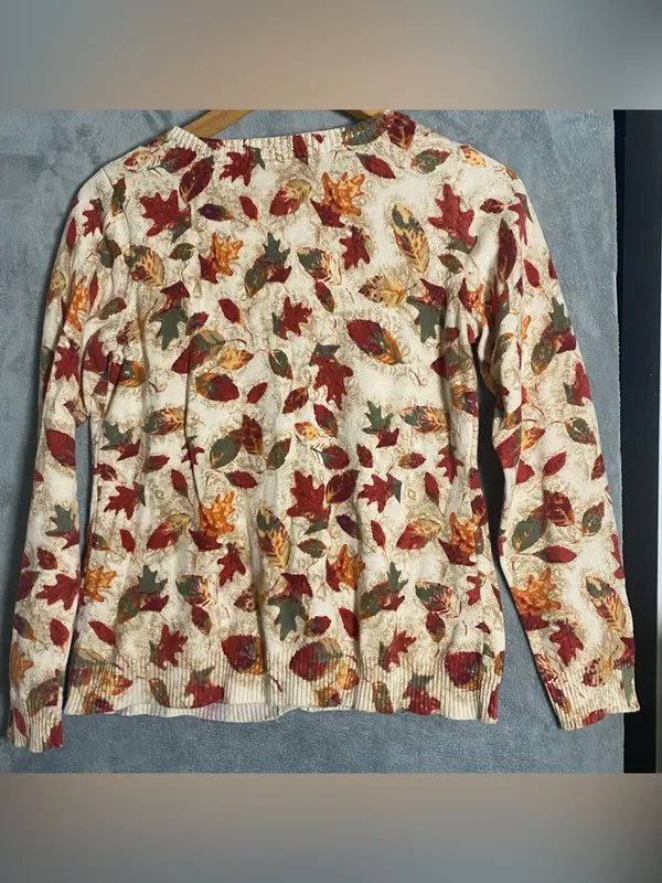 Christopher & Banks Cream Cardigan with Fall Leaf Print Cozy Casual Halloween S - Image 6