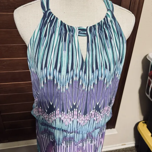 Chico's Purple Teal Ikat Chevron Maxi Dress Halter Blouson Size 1 M/L - Image 2