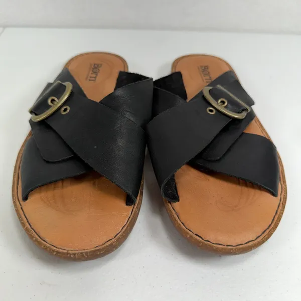 Born 8M Rio Slide Sandals Black Leather Buckle Crossover Strap Casual Boho Flats - Image 6