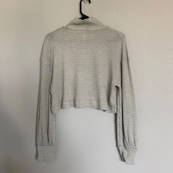 Free People Waffle Knit Cropped Mock Neck Thermal Top Beige Small Sweater Boho - Image 2