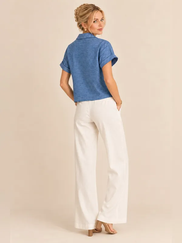 SABO SKIRT Oversized Blue & White Striped Button-Down Short Cuff Sleeve Blouse - Image 8