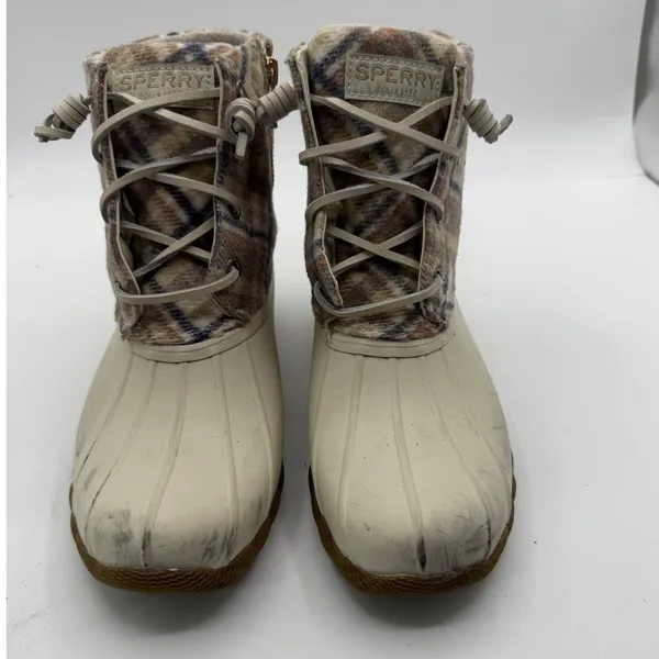 Sperry Saltwater Duck Boots Plaid Wool Women's 6 Cream Winter Rain Outdoor - Image 4
