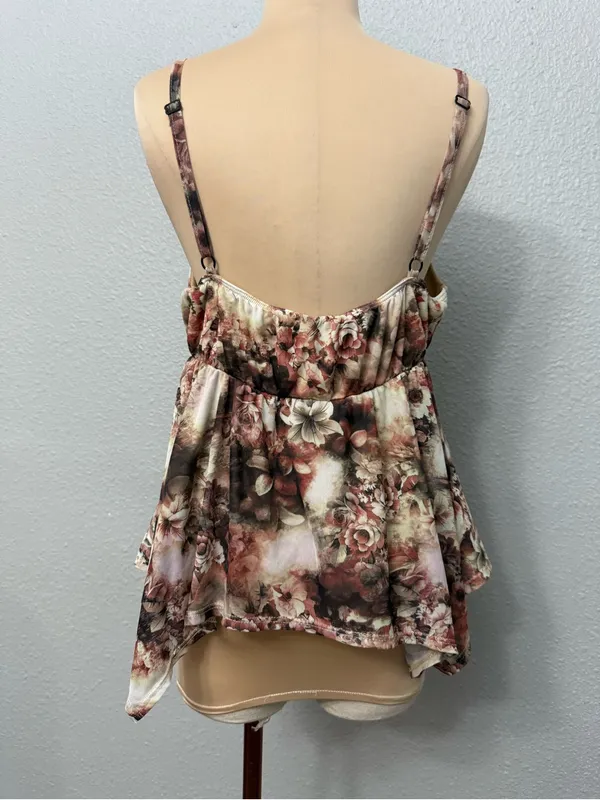 Fairycore Floral Handkerchief-Hem Camisole Top - Brown Multicolor Size XL - Image 3