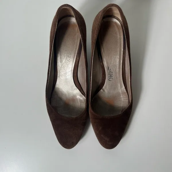 Salvatore Ferragamo Brown Suede Round Toe Kitten Heel Pumps - Image 6