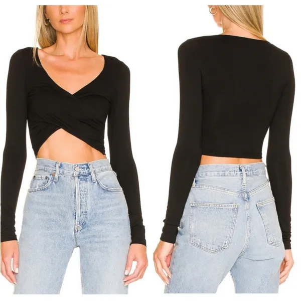 NEW Superdown Matilda Crop Wrap Long Sleeve Top in Black - Size XL - Image 2