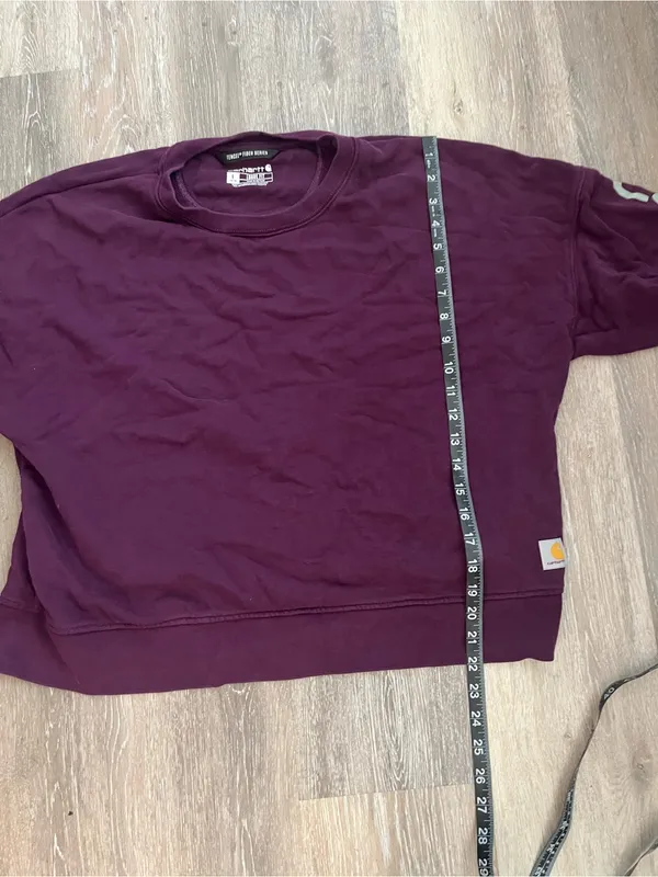 Carhartt Tencel Sweatshirt Womens Large Burgundy Loose Fit Cropped Sleeve Logo - Image 12