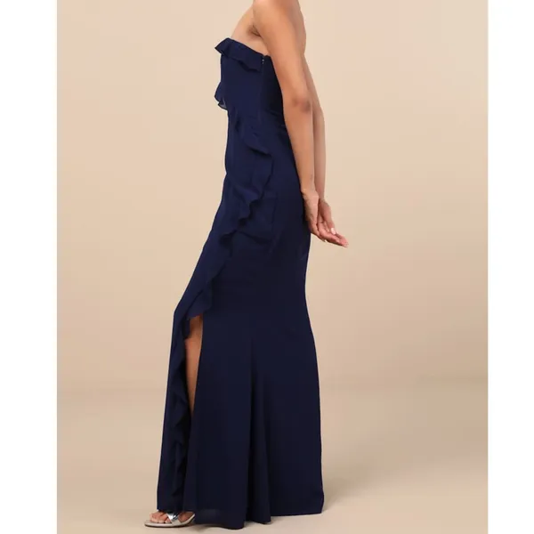 NEW Lulus Excellent Sensation Navy Strapless Ruffled Mermaid Maxi Dress Medium - Image 2