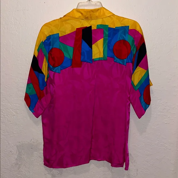 Vintage Adrianna Papell Bright Short Sleeve Silk Blouse Vibrant Blouse Retro - Image 7