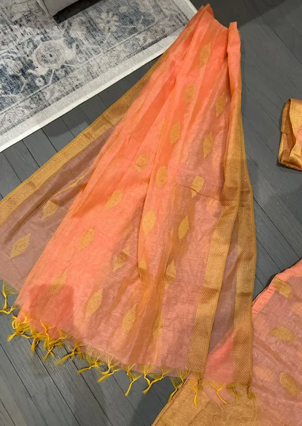 Indian Pakistani New Light Peach & Gold Organza Cotton Blend Stitched 2pc Suit - Image 3