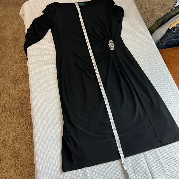 Lauren Ralph Lauren Dress 14 Black Sheath Ruched Broach Long‎ Sleeve Flattering - Image 7