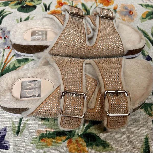 DV Dolce Vita Women Bonita Beige 6.5 Slides Sandals Shoes Bling Fur Comfort Boho - Image 3