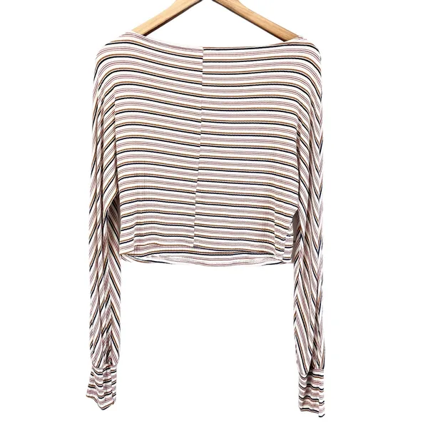 Sadie & Sage Womens M Crop Top Long Sleeves Ribbed Striped Cream‎ Blue Tan Rust - Image 3