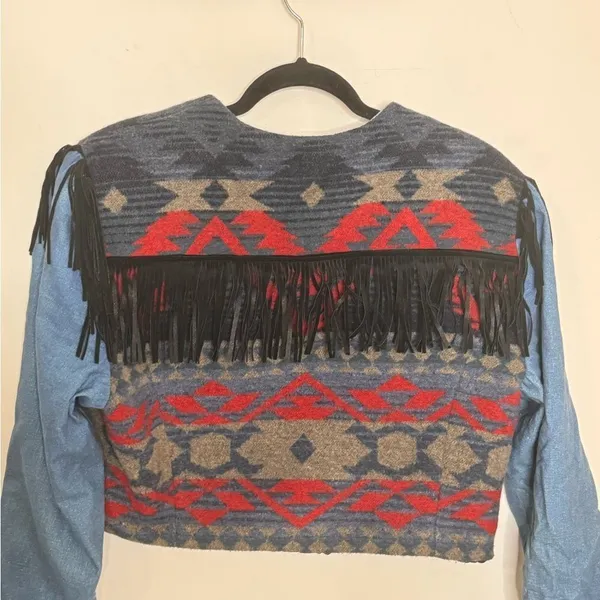 Vintage Rhonda Stark Southwestern Wool Blend and Denim Jacket With Fringe Large - Image 5