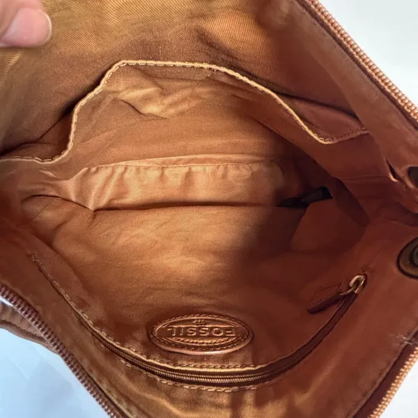 Fossil Cognac Brown Pebbled Leather Convertible Crossbody Bag Antique Brass‎ Zip - Image 14