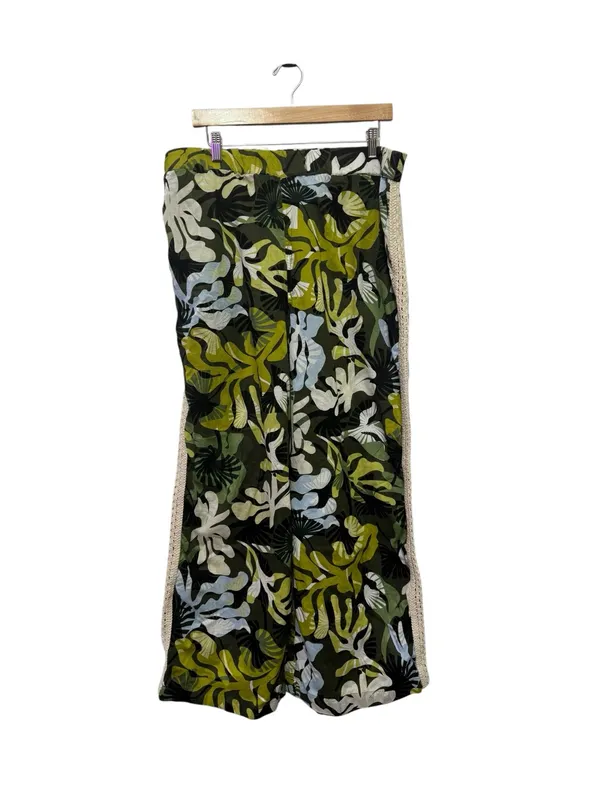 Leaf Print Crochet Trim Wide Leg Pants Green Size XL - Image 3